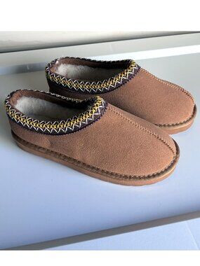 Chestnut Suede Moccasin Slippers Braided Trim (Tasman Style)